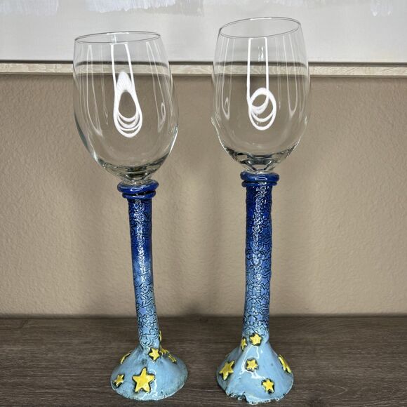 Signed Art Pottery Stem Wine Glasses 15"h Hand Painted Boho Unique Shelley Stars - Picture 1 of 5